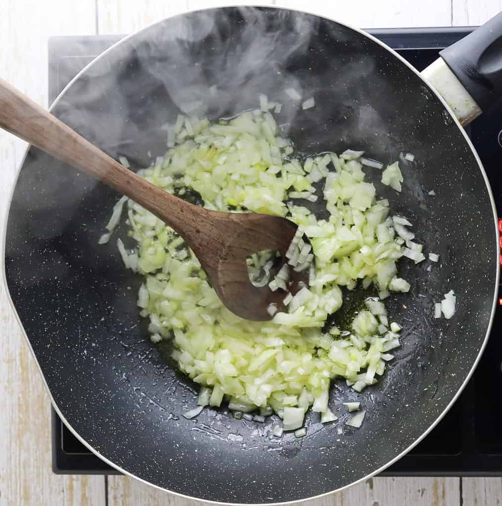 frying onions for tagliatelle