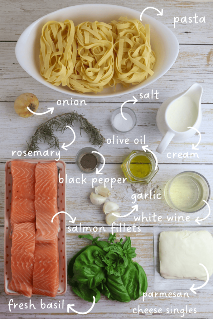 ingredients for pasta alla salmone: salmon, tagliatelle pasta, onion, cream, garlic, olive oil, black pepper, parmesan singles and white wine