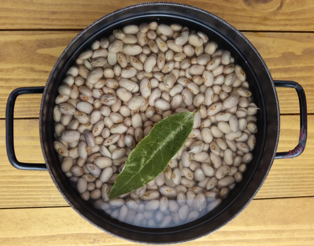 step two: beans were soaked overnight before cooking ricet together with a lavender leaf