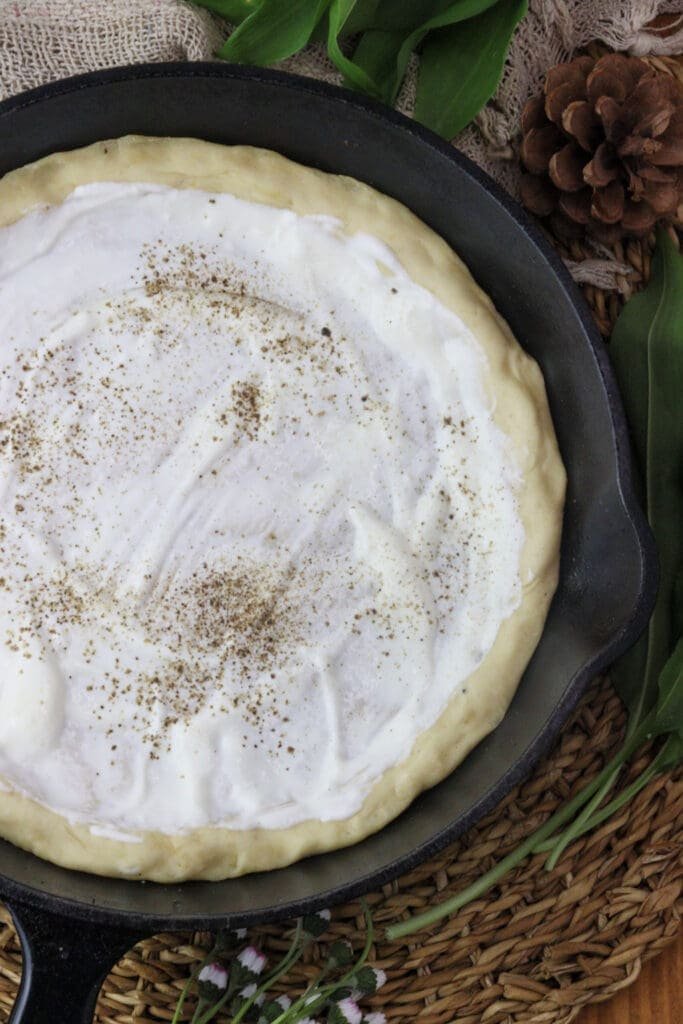 image of topped pizza with sour cream base