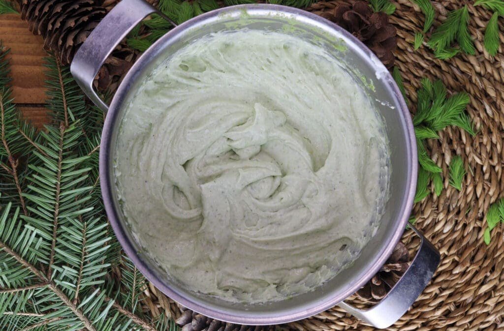 Mascarpone cream cheese spruce tip mixture for spruce tip cakes. 