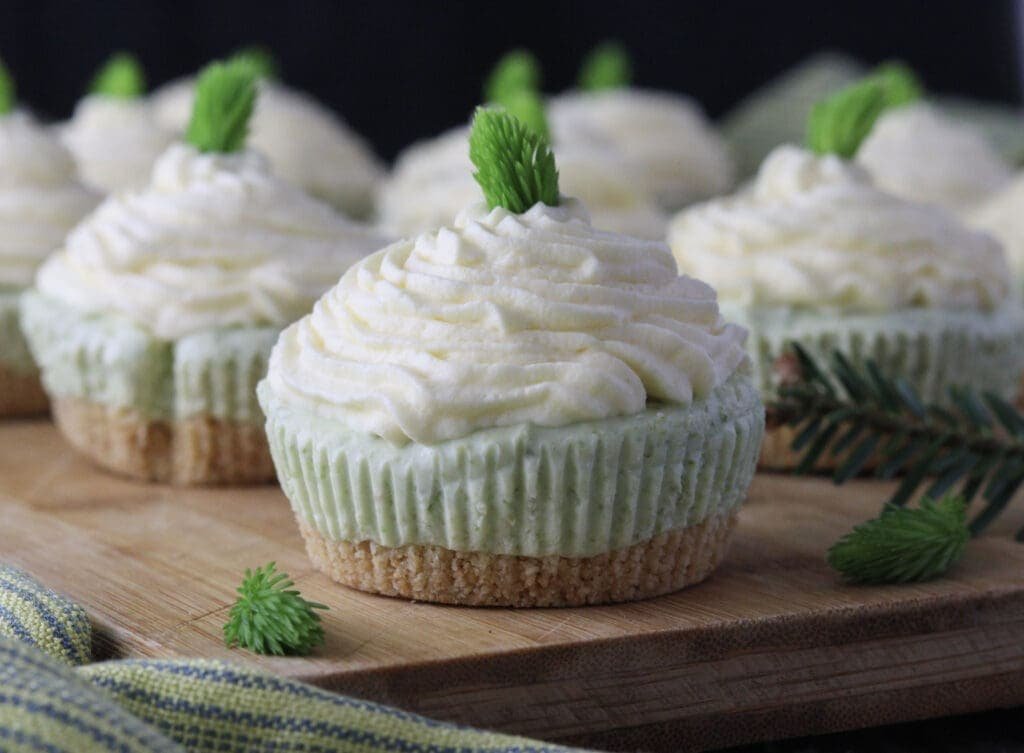 Image of a mini spruce tip cake with spruce tip on top.