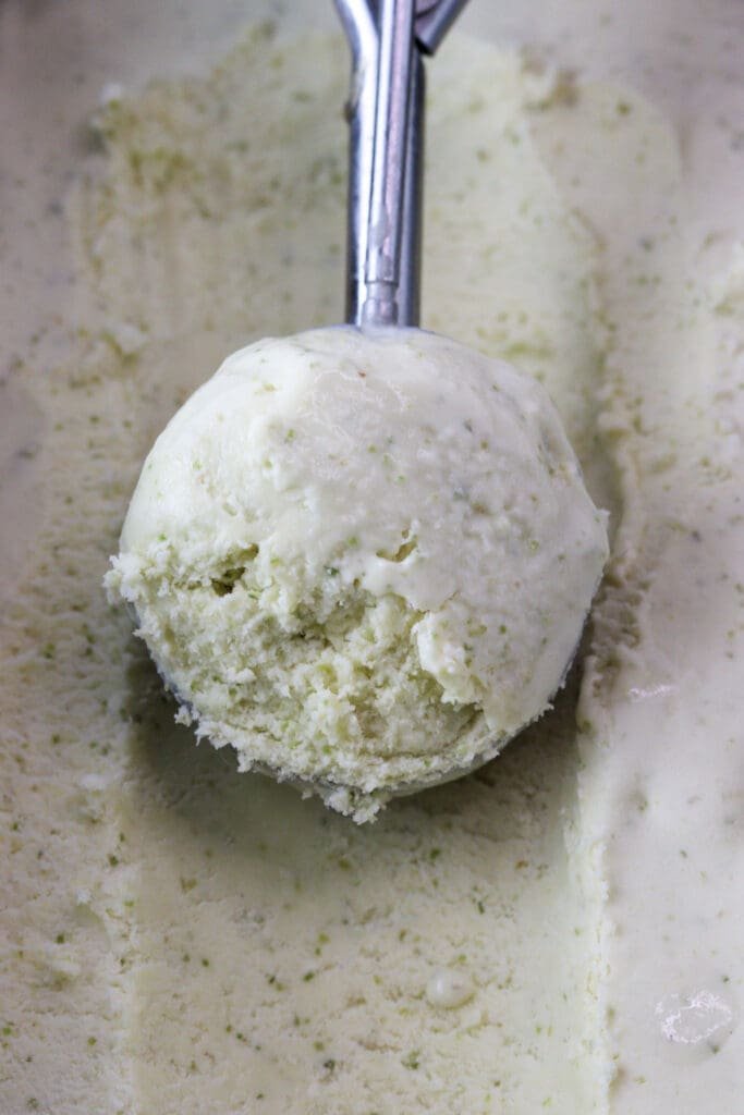 image of a scoop of no churn spruce tip ice cream in a loaf tray