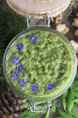 Image of spruce tip pesto in a jar with wild flowers