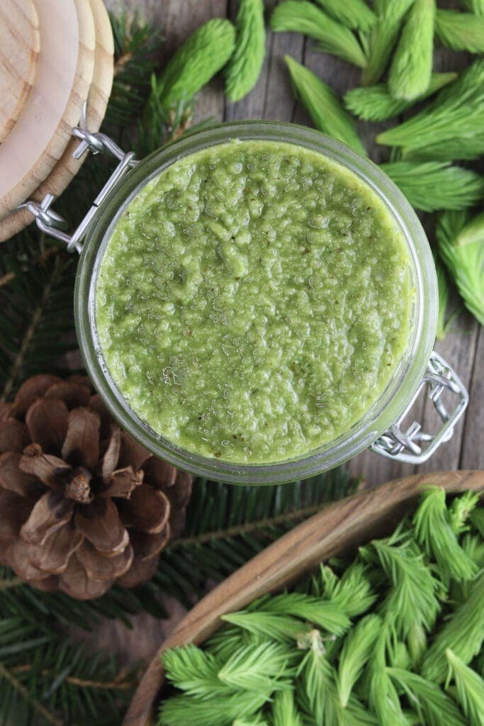 Spruce tip pesto stored in a jar.