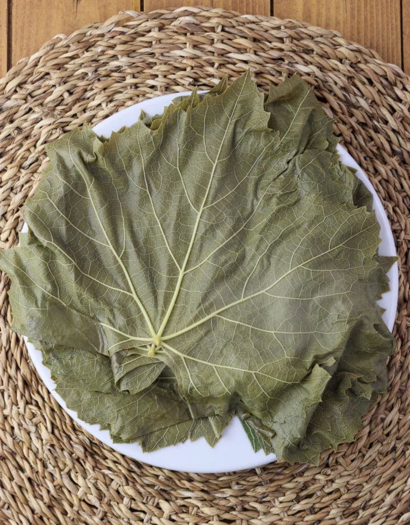 Grape vine leaves cooling before stuffing