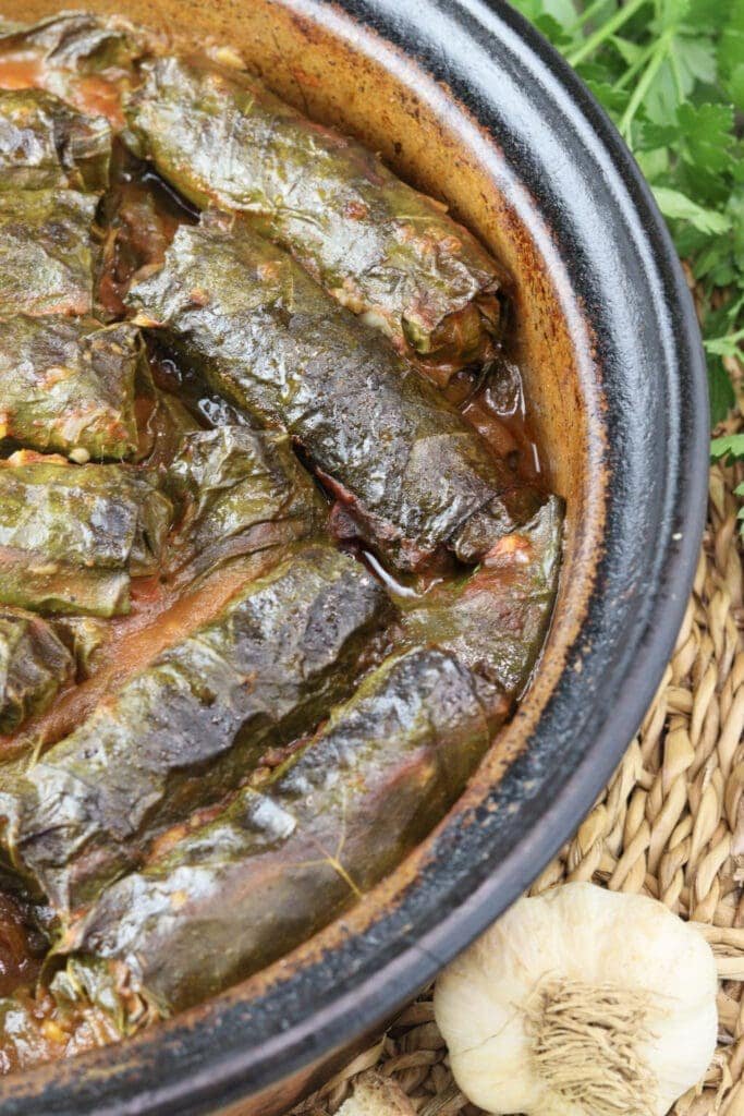 Freshly baked japrak stuffed grape vine leaves with tomato sauce.