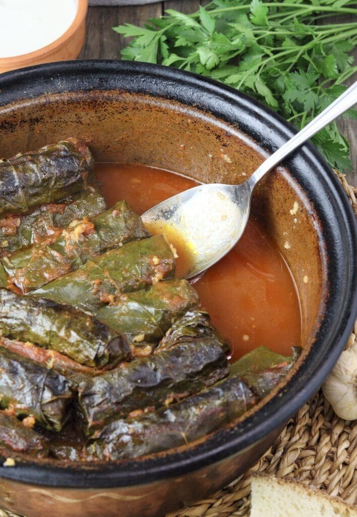 Serving freshly cooked japrak - baked stuffed grape vine leaves in tomato sauce.