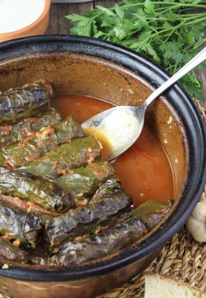 Serving freshly cooked japrak - baked stuffed grape vine leaves in tomato sauce. 