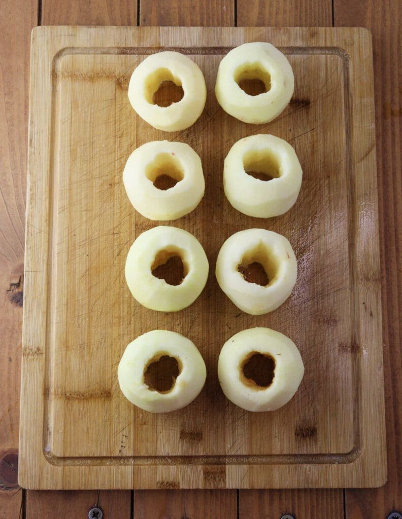 Peeled and cored apples prepared for cooking
