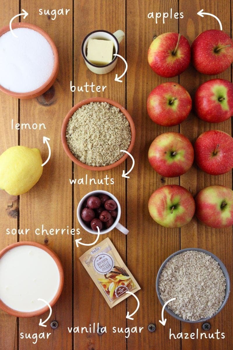Gathering ingredients for tufahije: Apples, walnuts, hazelnuts, lemon, cream, sugar and sour cherries