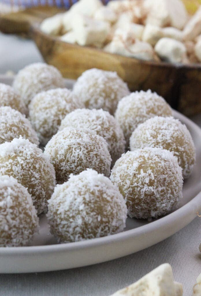 a close image of yummy coconut baobab bites with baobab fruit pulp