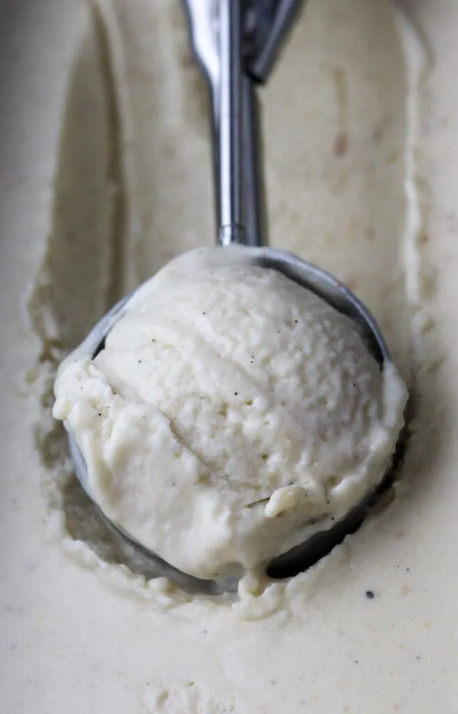 A scoop of baobab ice cream, a refreshing, cold baobab dessert
