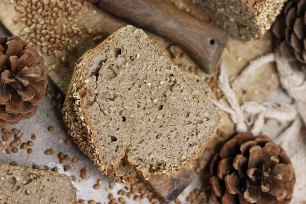 A slice of buckwheat soda bread, gluten-free, with yogurt