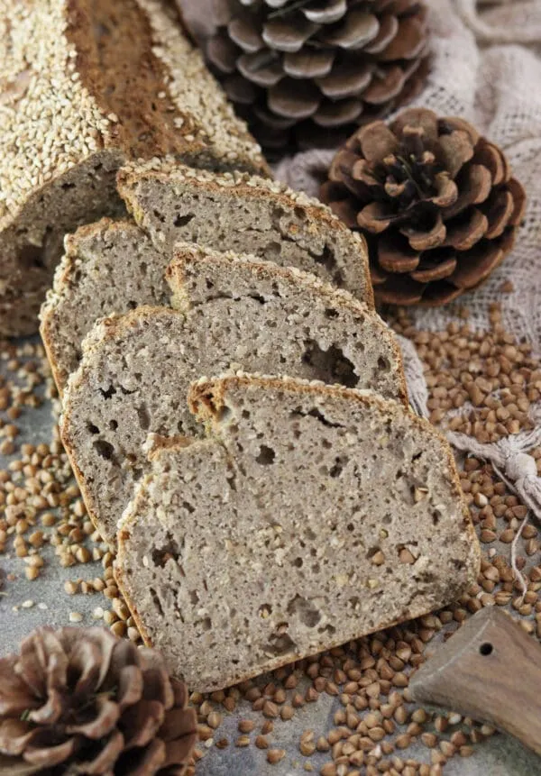 Three slices of gluten free buckwhead soda bread with yogurt