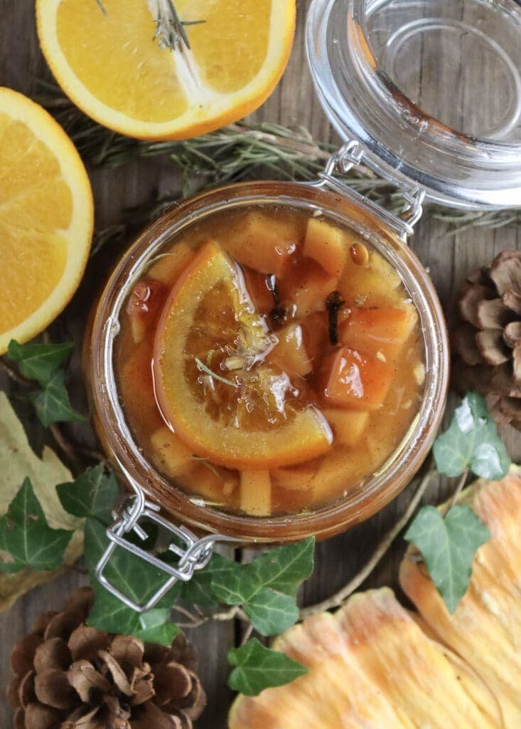 Top view of a jar with chicken of the woods sweet dessert preserve