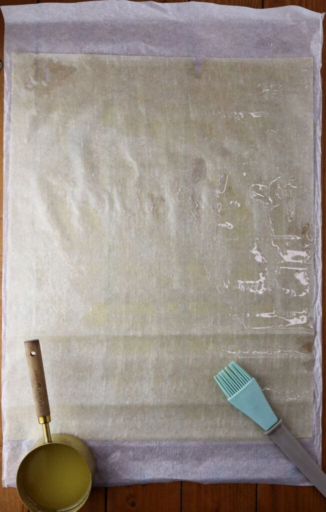 Image showing how to brush the phyllo sheets with butter before baking