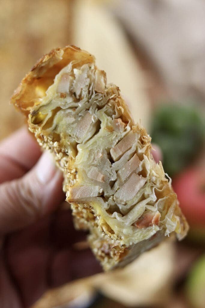 A crispy piece of chicken of the woods crinkle pie.