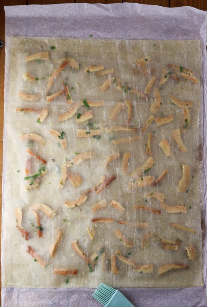 two phyllo sheets with chicken of the woods filling in between