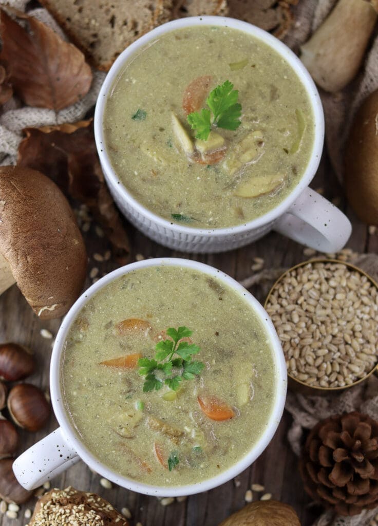 Two bowls of creamy porcini mushroom soup with porcini mushrooms in the background
