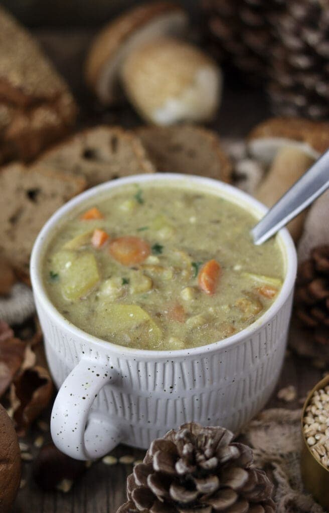 Creamy mushroom soup with porcini mushrooms, potatoes, carrots and fresh parsley
