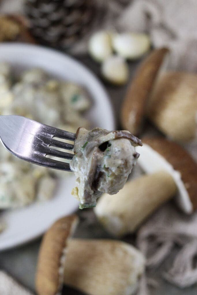 A bite of delicious porcini mushroom sauce on a fork.
