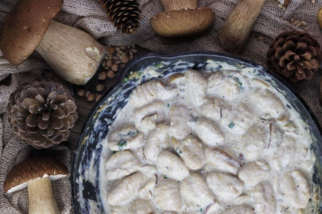 Four porcini mushrooms with a pan of freshly cooked porcini sauce