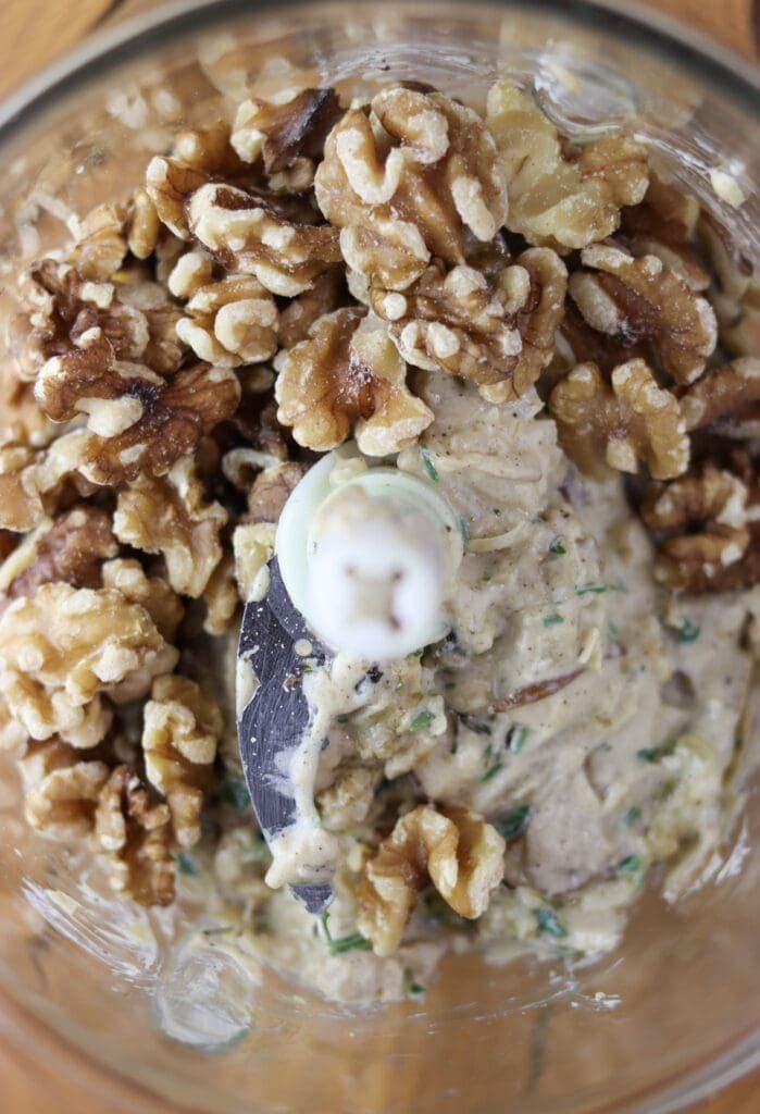 How to blend the walnuts with other ingredients for a delicious pate