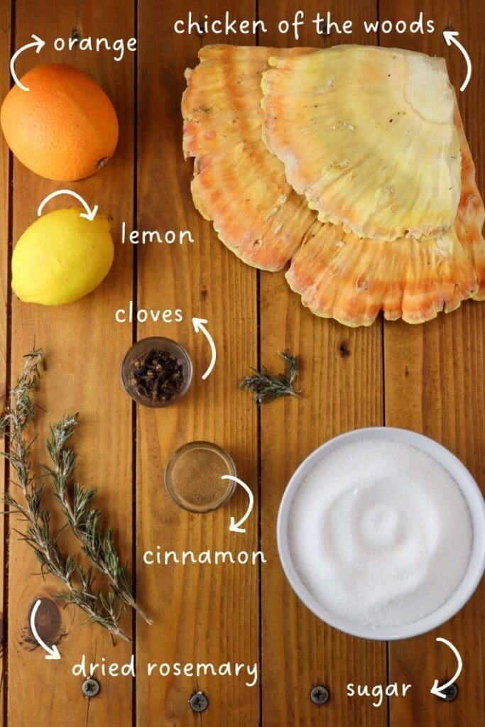 Image of ingredients needed to preserve chicken of the woods as a sweet mushroom dessert