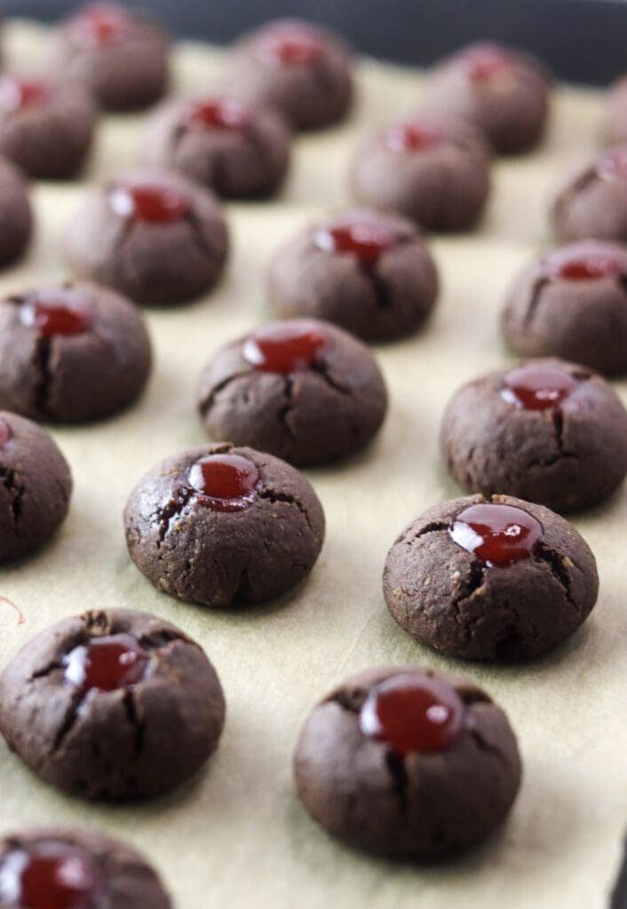 Buckwheat cookies just baked, right out of the oven and filled with hot liquid jam