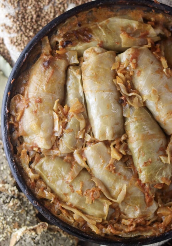 Delicouso baked stuffed cabbage rolls with buckwheat coming right out of the oven.