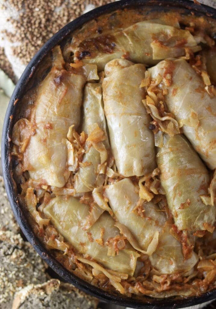 Delicouso baked stuffed cabbage rolls with buckwheat coming right out of the oven.