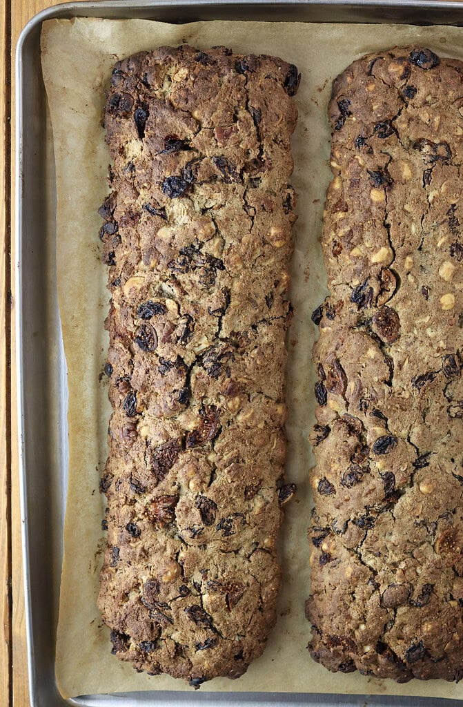 Baked biscotti dough before being sliced.