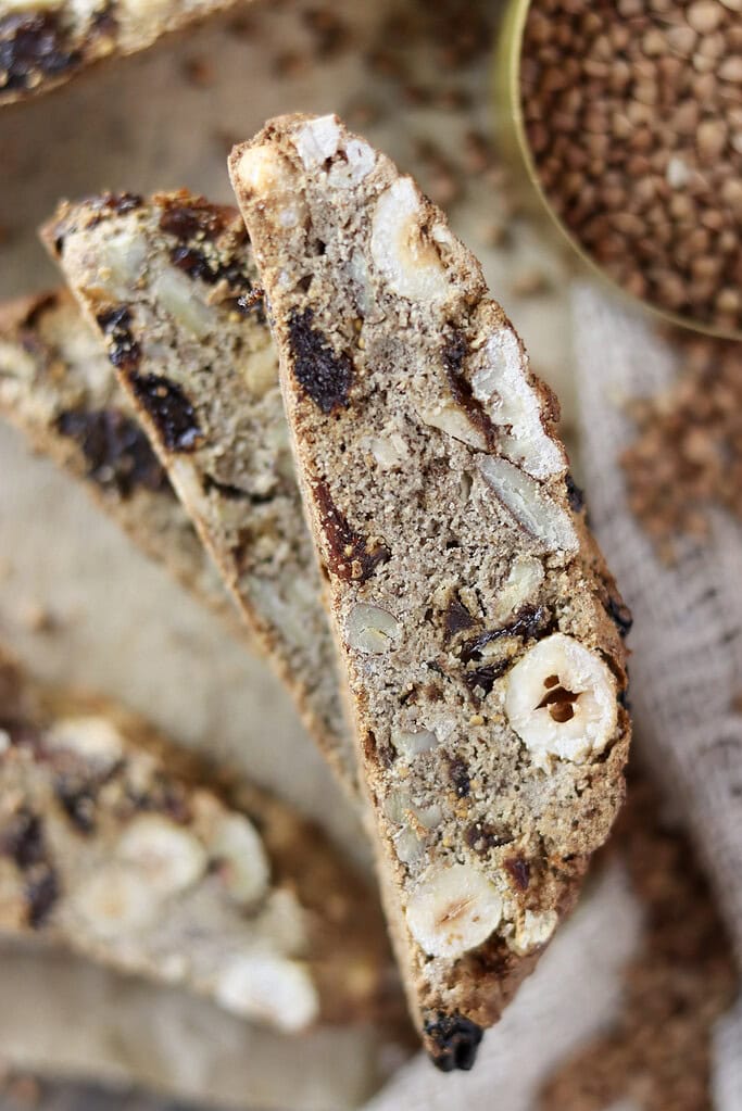 A neat stack of buckwheat biscotti, perfect for gifting.