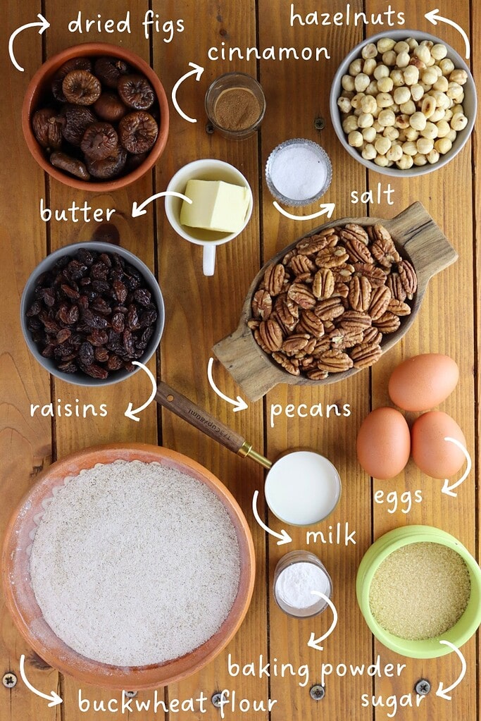 Ingredients needed for buckwheat biscotti: buckwheat flour, brown sugar, milk, butter, baking powder, sea salt, cinnamon, raisins, dried figs, hazelnuts and pecans.