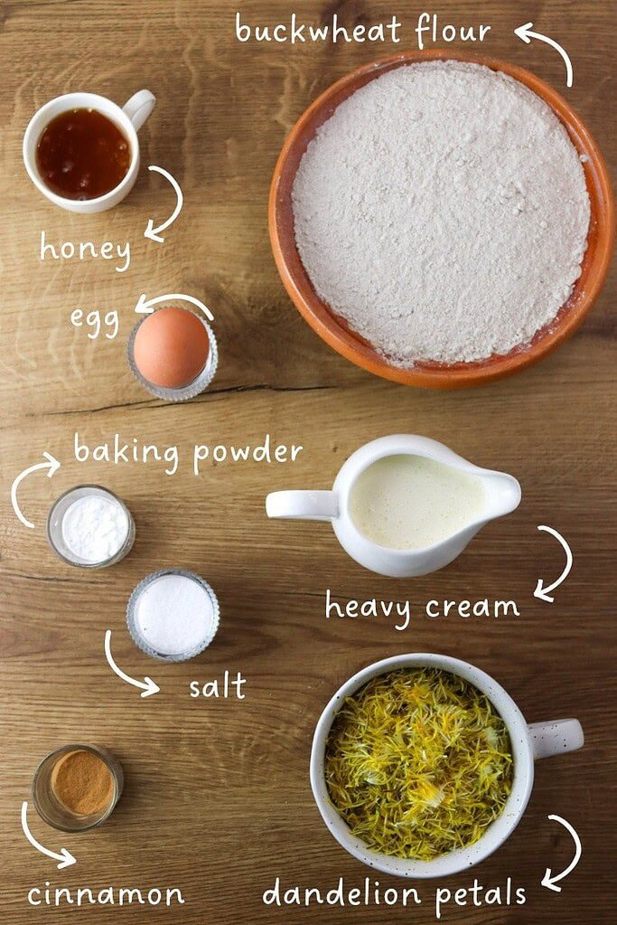 Ingredients for dandelion bread with buckwheat and honey: Dandelion petals, buckwheat flour, heavy cream, one egg, baking powder, salt, honey.