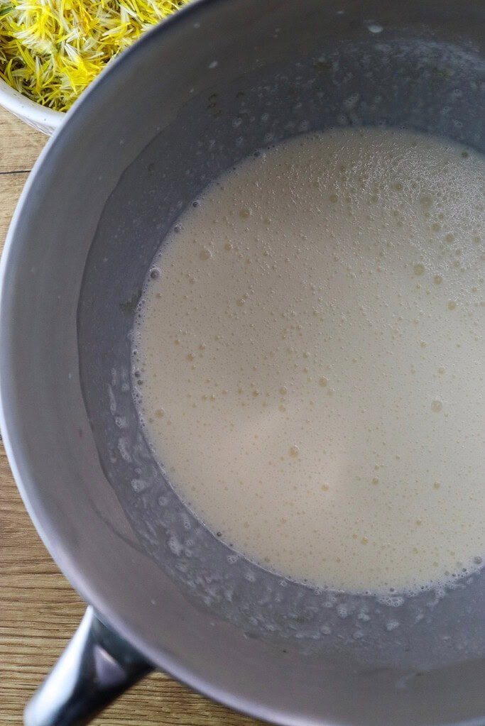 Cream and egg mixture with honey ready to be mixed with the flour.